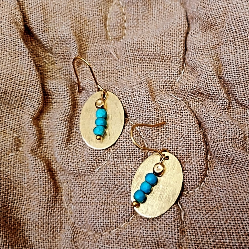 Handmade Persian Turquoise + Textured Brass Earrings